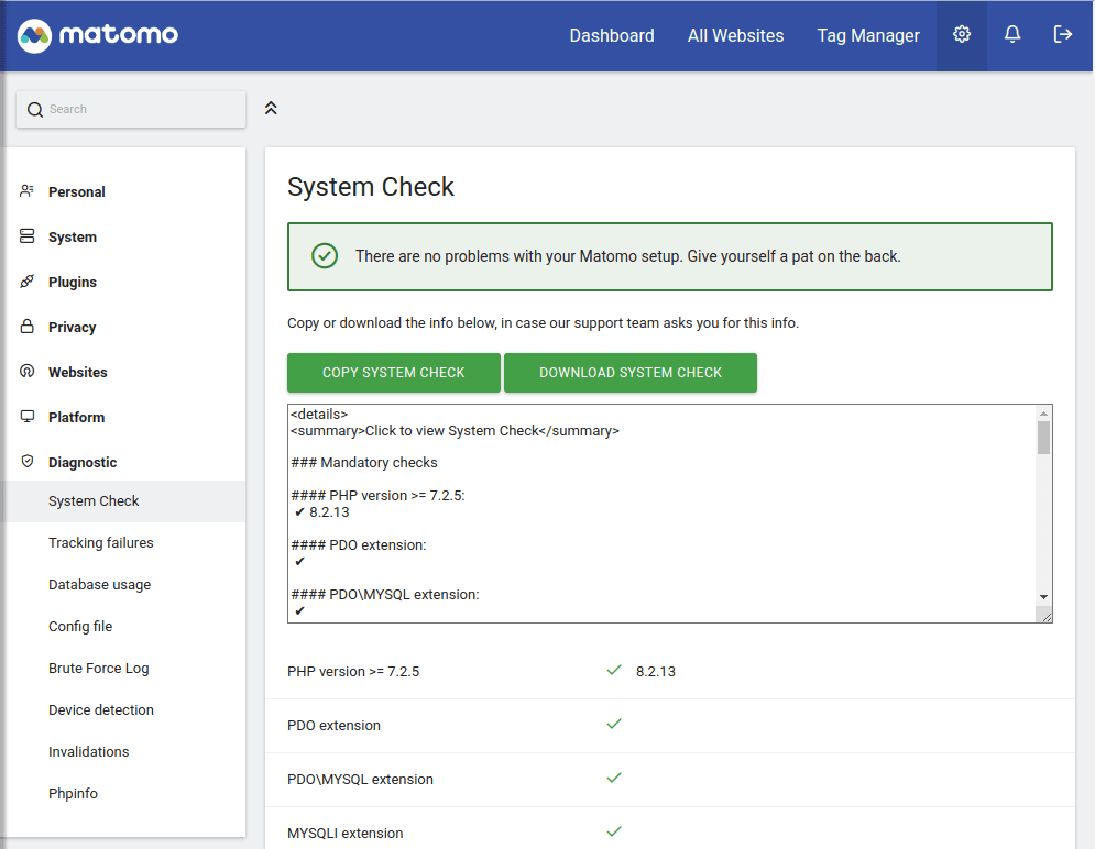 Matomo 5 System Check