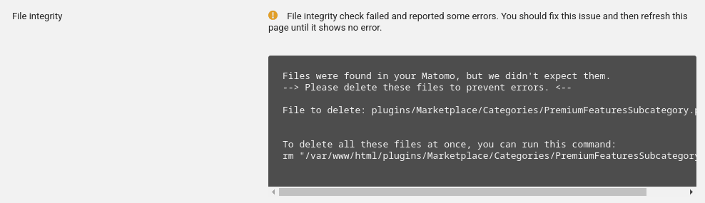 Matomo 5 file integrity check failed